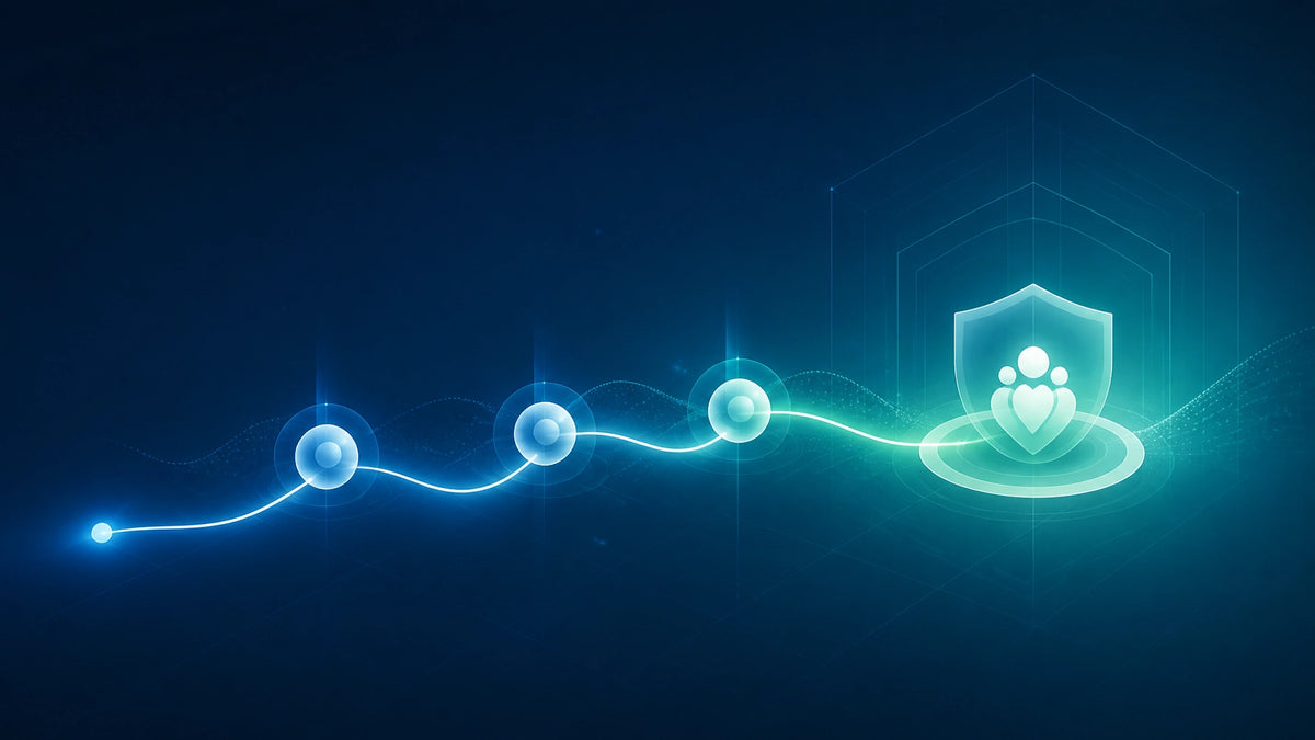 Abstract patient-access pathway moving through secure connected healthcare nodes