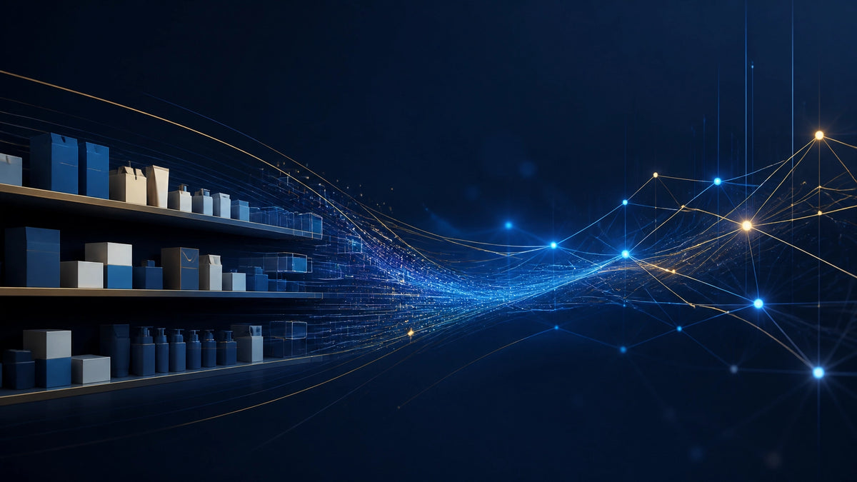 Abstract retail technology network showing stores, data, and autonomous growth
