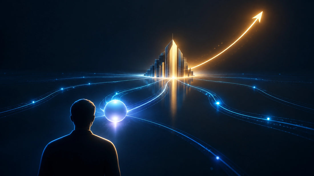 Abstract AI recommendation path leading from a customer question to a trusted business choice