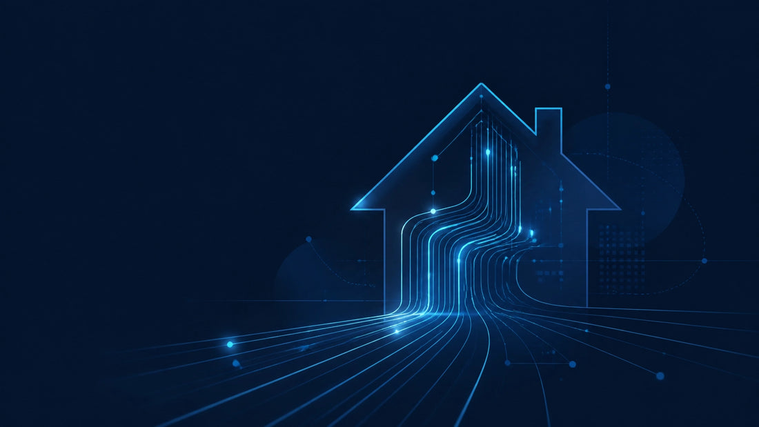 Abstract self-driving brokerage workflow connecting real estate architecture with AI-powered data systems