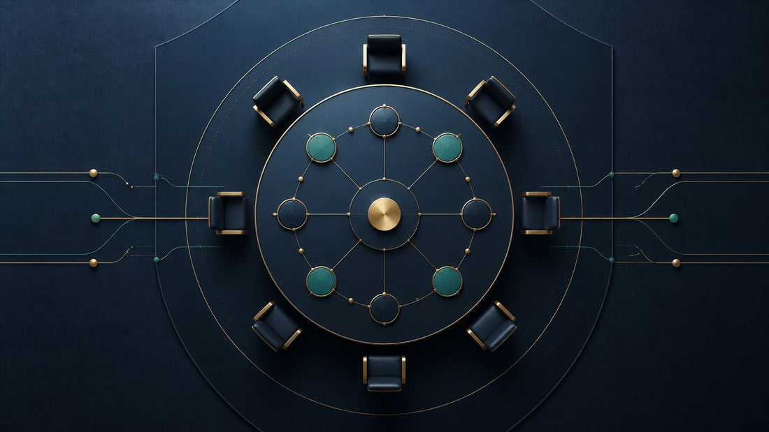 Abstract corporate governance boardroom with connected decision nodes and balanced control pathways