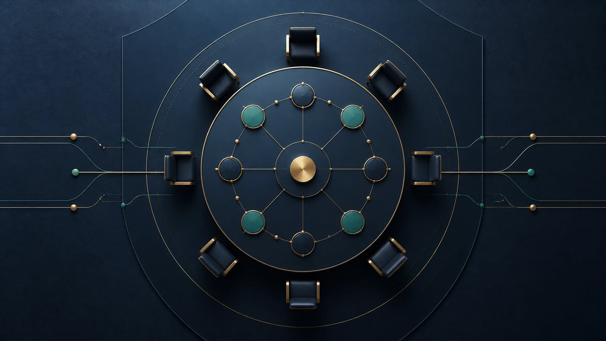 Abstract corporate governance boardroom with connected decision nodes and balanced control pathways