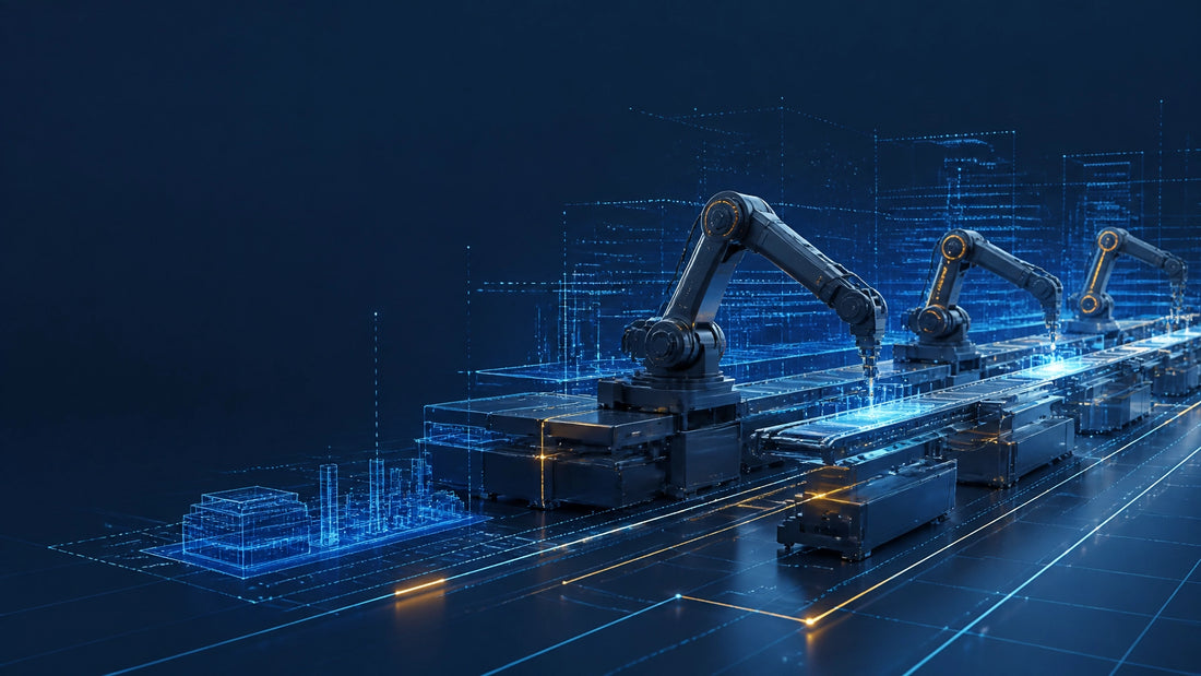 Abstract smart factory with robotic precision, connected data pathways, and digital twin elements