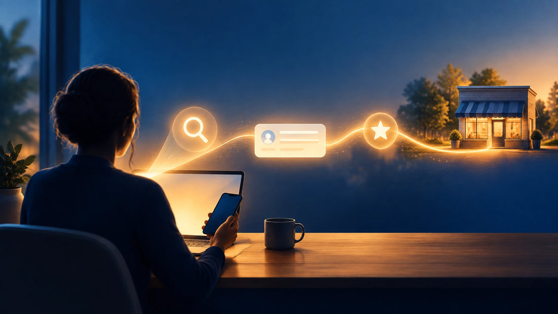 A business owner viewing a clear AI recommendation on a laptop and smartphone, shown through a warm abstract editorial scene
